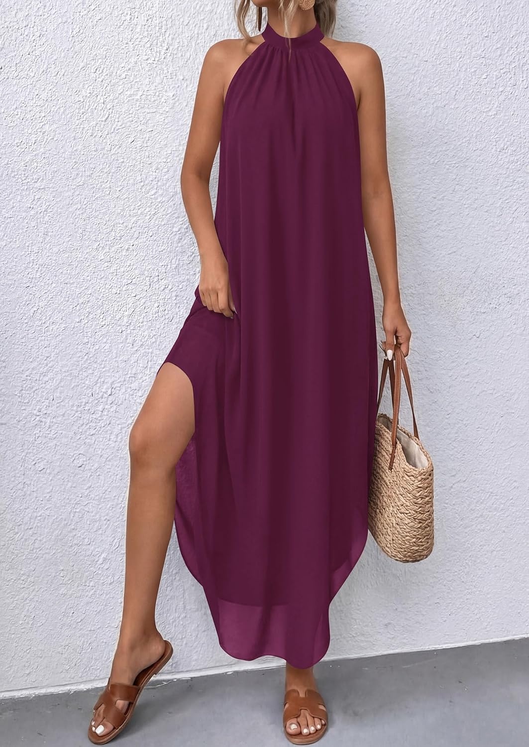 image:imagePRETTYGARDEN Summer Wedding Guest Dresses for Women 2026 Spring Long Flowy Halter Maxi Asymmetrical Beach Vacation SundressBurgundy
