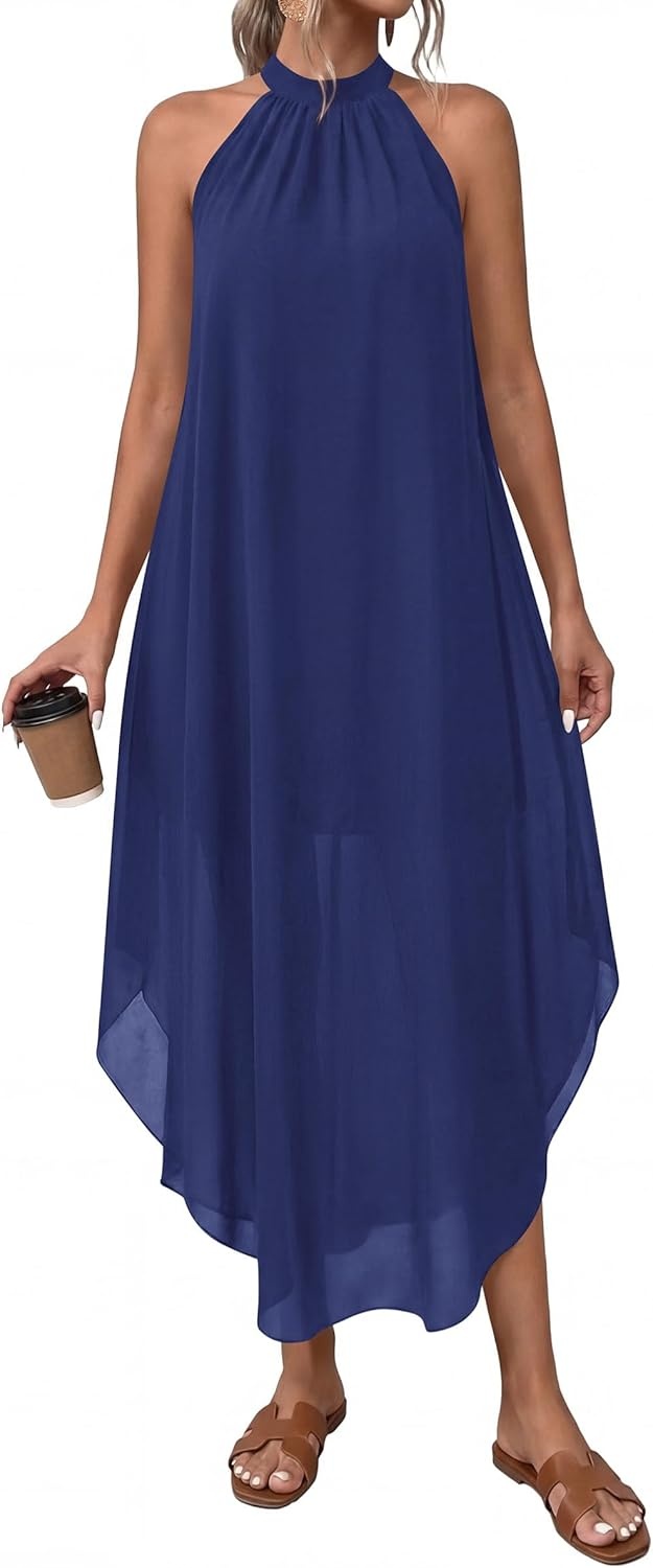 image:imagePRETTYGARDEN Summer Wedding Guest Dresses for Women 2026 Spring Long Flowy Halter Maxi Asymmetrical Beach Vacation SundressDark Blue