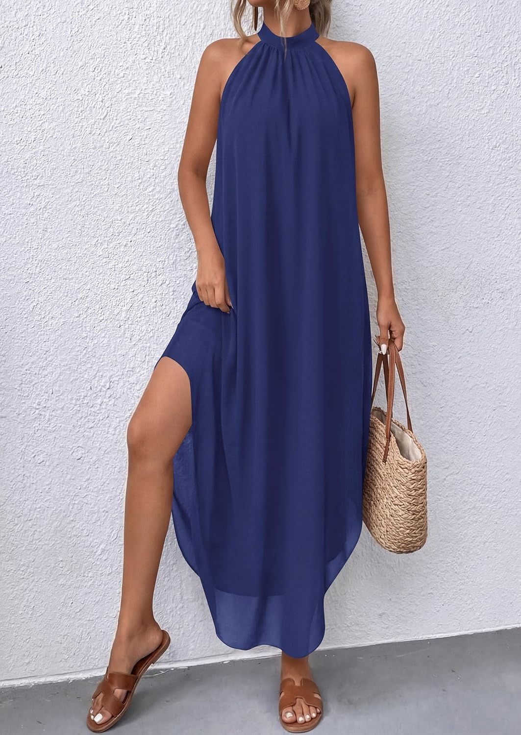 image:imagePRETTYGARDEN Summer Wedding Guest Dresses for Women 2026 Spring Long Flowy Halter Maxi Asymmetrical Beach Vacation SundressDark Blue
