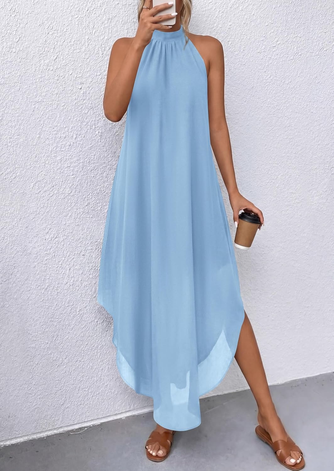 image:imagePRETTYGARDEN Summer Wedding Guest Dresses for Women 2026 Spring Long Flowy Halter Maxi Asymmetrical Beach Vacation SundressLight Blue