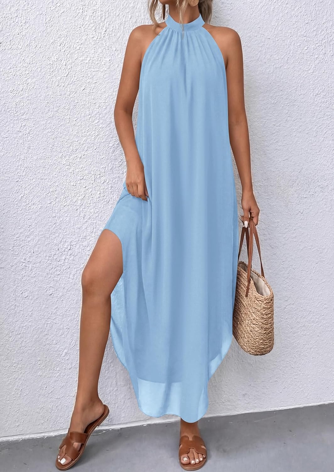 image:imagePRETTYGARDEN Summer Wedding Guest Dresses for Women 2026 Spring Long Flowy Halter Maxi Asymmetrical Beach Vacation SundressLight Blue