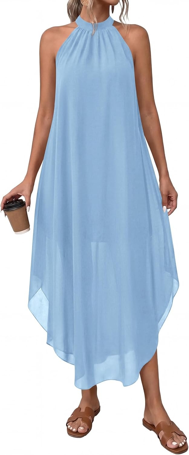 image:imagePRETTYGARDEN Summer Wedding Guest Dresses for Women 2026 Spring Long Flowy Halter Maxi Asymmetrical Beach Vacation SundressLight Blue