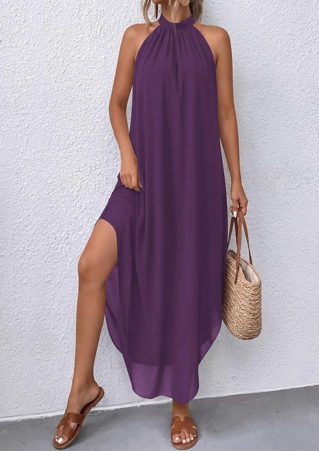 image:imagePRETTYGARDEN Summer Wedding Guest Dresses for Women 2026 Spring Long Flowy Halter Maxi Asymmetrical Beach Vacation SundressPurple