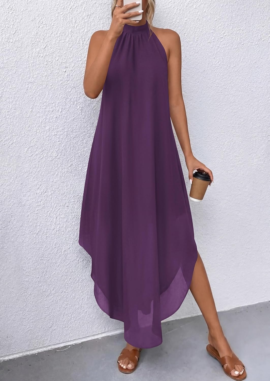 image:imagePRETTYGARDEN Summer Wedding Guest Dresses for Women 2026 Spring Long Flowy Halter Maxi Asymmetrical Beach Vacation SundressPurple