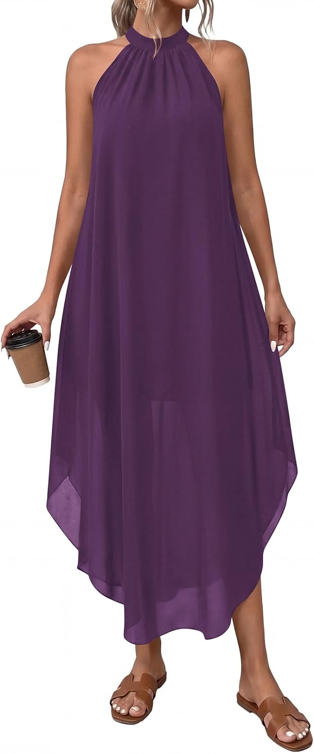 image:imagePRETTYGARDEN Summer Wedding Guest Dresses for Women 2026 Spring Long Flowy Halter Maxi Asymmetrical Beach Vacation SundressPurple