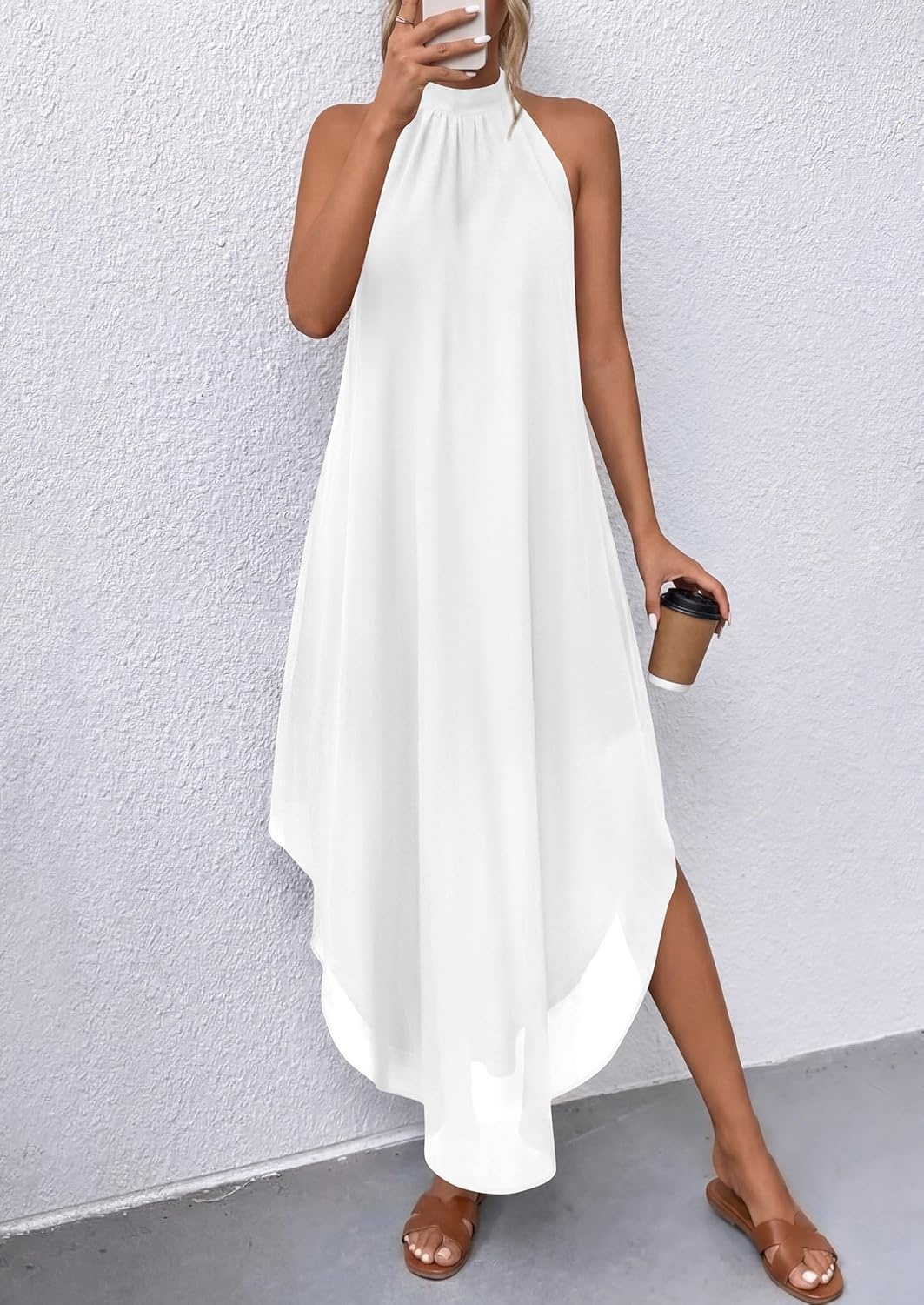 image:imagePRETTYGARDEN Summer Wedding Guest Dresses for Women 2026 Spring Long Flowy Halter Maxi Asymmetrical Beach Vacation SundressWhite