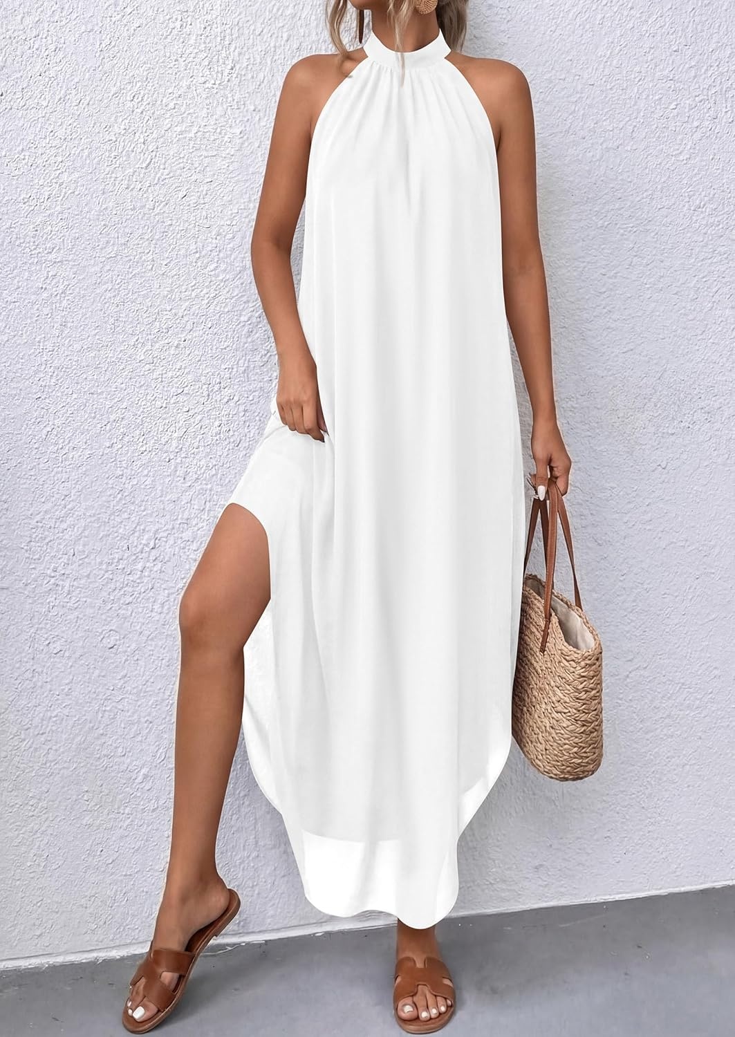 image:imagePRETTYGARDEN Summer Wedding Guest Dresses for Women 2026 Spring Long Flowy Halter Maxi Asymmetrical Beach Vacation SundressWhite