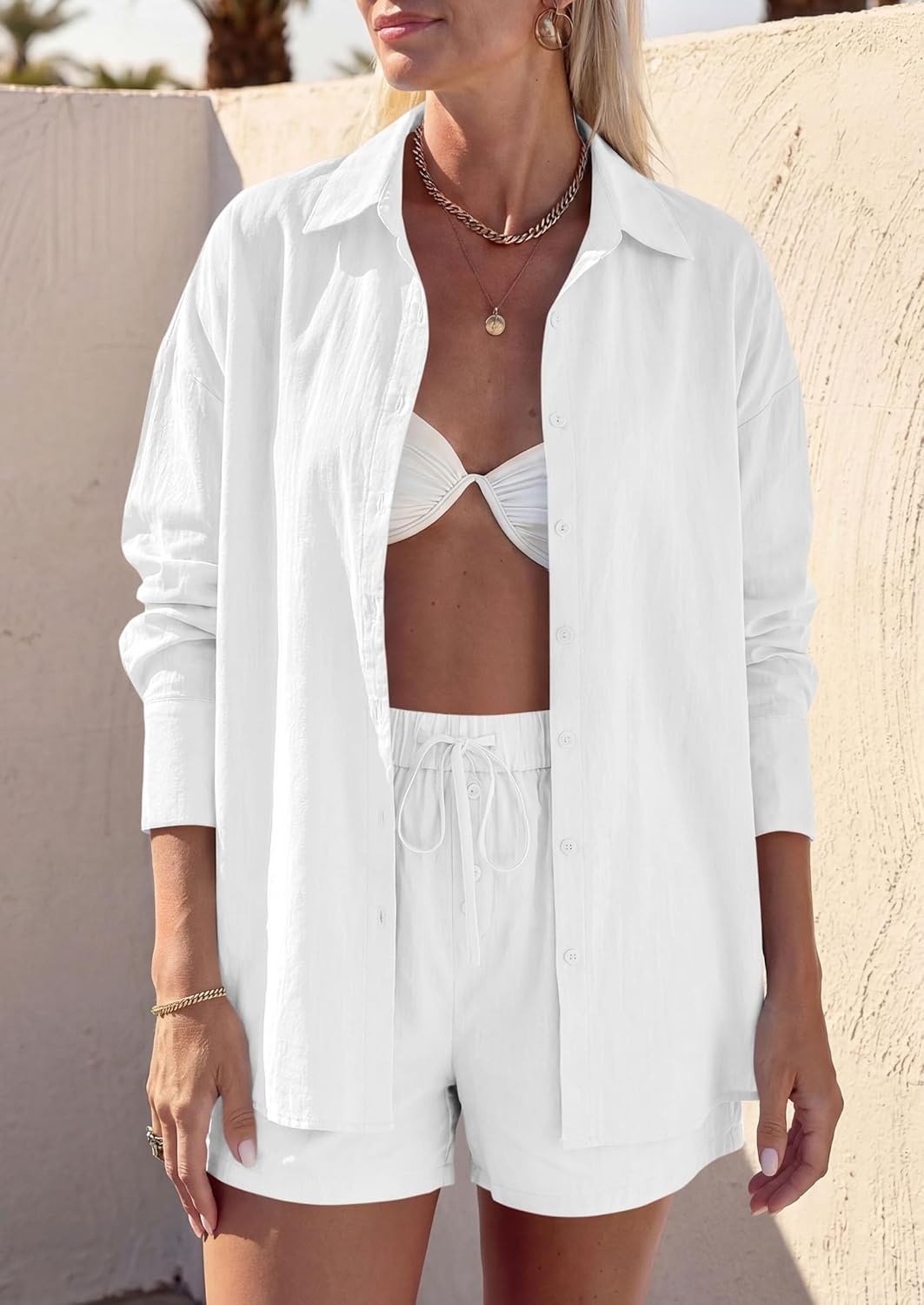 image:imagePRETTYGARDEN Womens Summer 2 Piece Matching Lounge Sets Pajamas Long Sleeve Shirts Blouse Pockets Shorts 2026 Spring OutfitsWhite