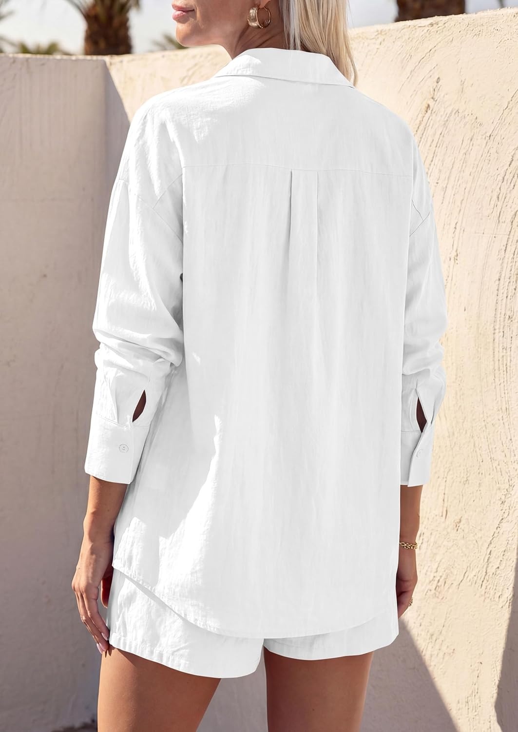 image:imagePRETTYGARDEN Womens Summer 2 Piece Matching Lounge Sets Pajamas Long Sleeve Shirts Blouse Pockets Shorts 2026 Spring OutfitsWhite