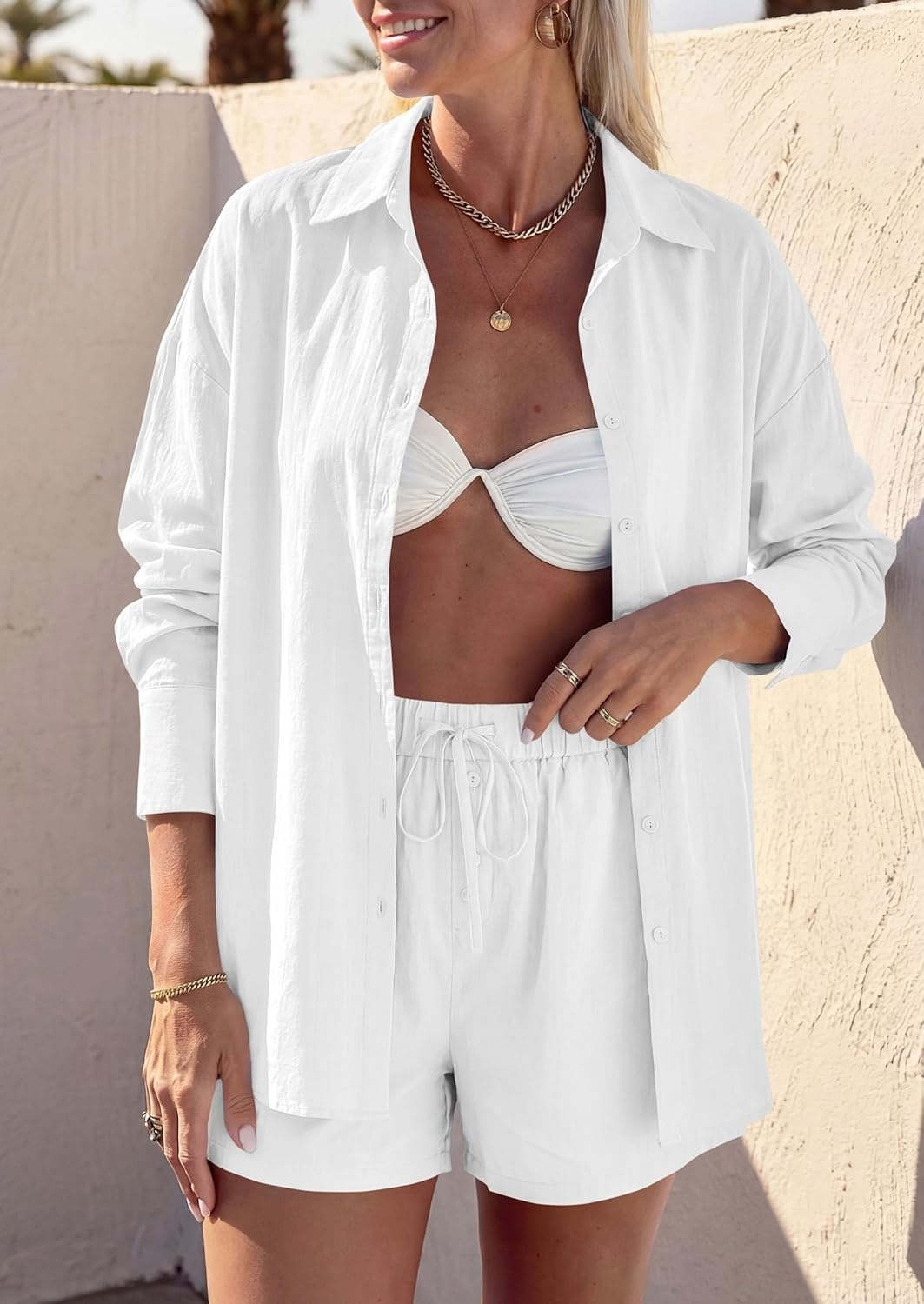 image:imagePRETTYGARDEN Womens Summer 2 Piece Matching Lounge Sets Pajamas Long Sleeve Shirts Blouse Pockets Shorts 2026 Spring OutfitsWhite