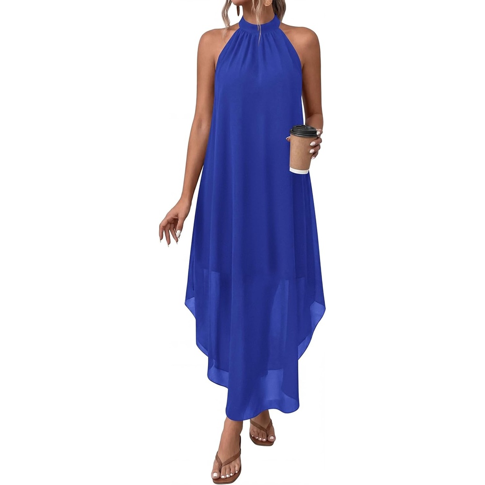 image:imagePRETTYGARDEN Summer Wedding Guest Dresses for Women 2026 Spring Long Flowy Halter Maxi Asymmetrical Beach Vacation SundressBlue