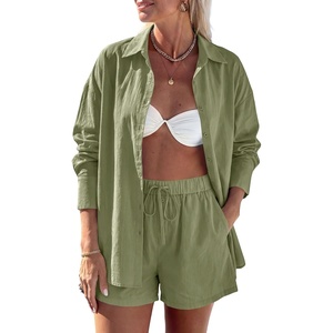 PRETTYGARDEN Women’s Summer 2 Piece Matching Lounge Sets Pajamas Long Sleeve Shirts Blouse Pockets Shorts 2026 Spring Outfits(Army Green)