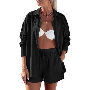 PRETTYGARDEN Women’s Summer 2 Piece Matching Lounge Sets Pajamas Long Sleeve Shirts Blouse Pockets Shorts 2026 Spring Outfits(Black)