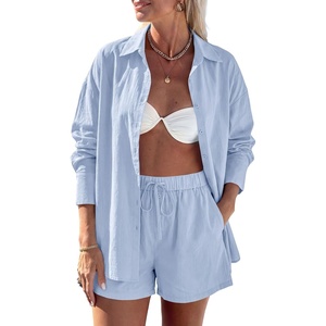 PRETTYGARDEN Women’s Summer 2 Piece Matching Lounge Sets Pajamas Long Sleeve Shirts Blouse Pockets Shorts 2026 Spring Outfits(Light Blue)