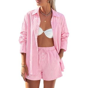 PRETTYGARDEN Women’s Summer 2 Piece Matching Lounge Sets Pajamas Long Sleeve Shirts Blouse Pockets Shorts 2026 Spring Outfits(Striped Pink White)