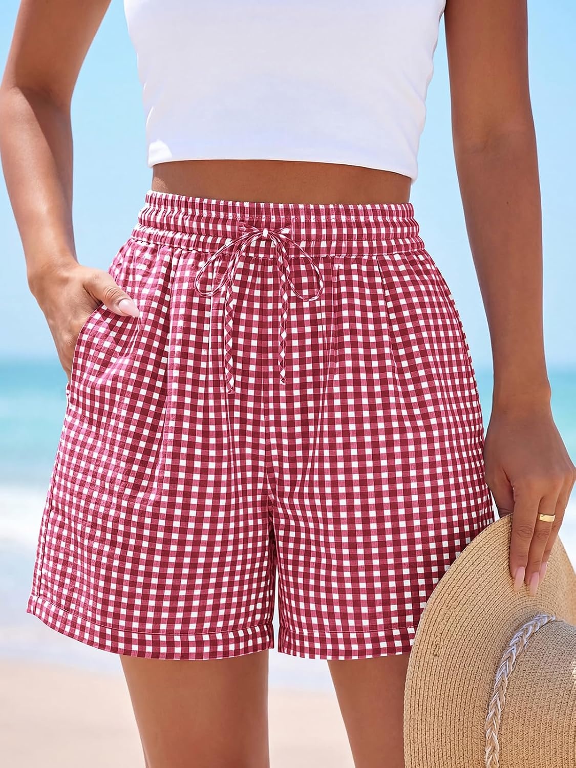 image:imagePRETTYGARDEN Elastic Waist Summer Shorts for Women Trendy 2026 Gingham Cute Pajama Bottoms Plaid Y2K Beach Vacation ClothesPlaid Red