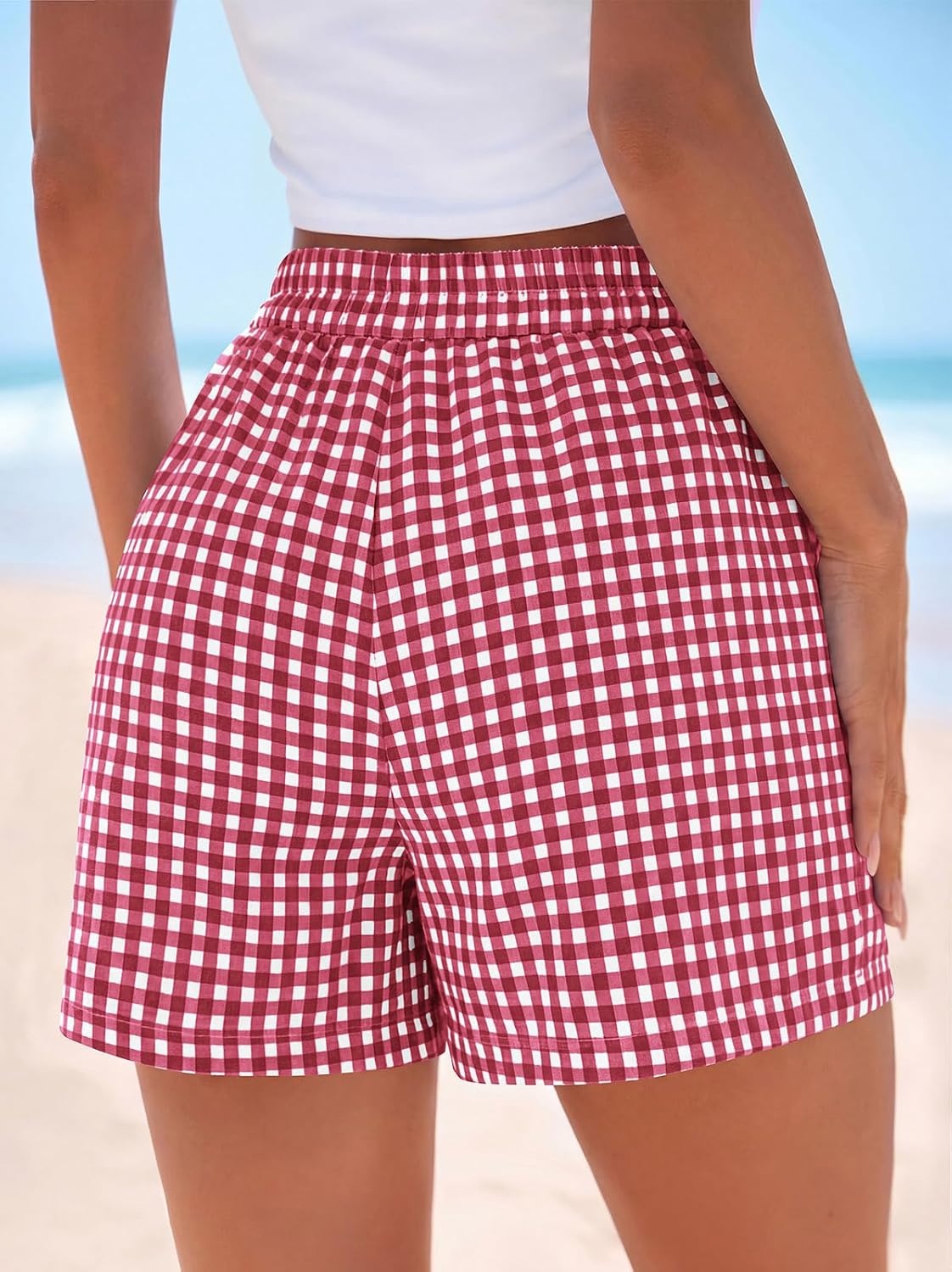 image:imagePRETTYGARDEN Elastic Waist Summer Shorts for Women Trendy 2026 Gingham Cute Pajama Bottoms Plaid Y2K Beach Vacation ClothesPlaid Red