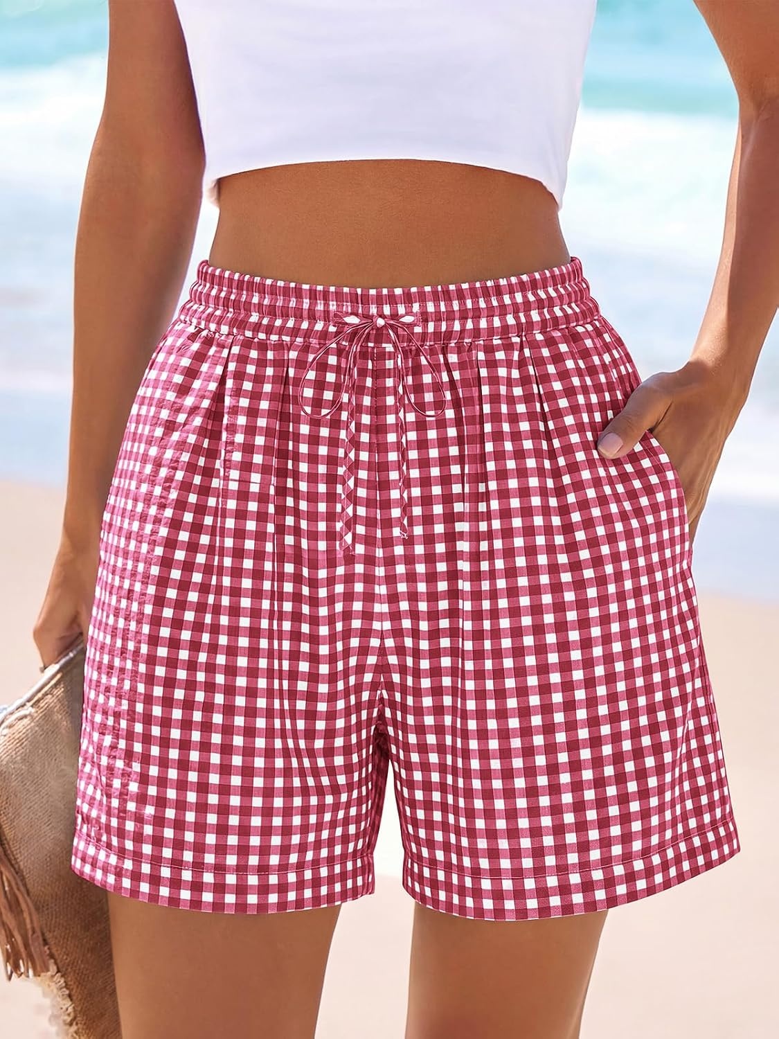 image:imagePRETTYGARDEN Elastic Waist Summer Shorts for Women Trendy 2026 Gingham Cute Pajama Bottoms Plaid Y2K Beach Vacation ClothesPlaid Red