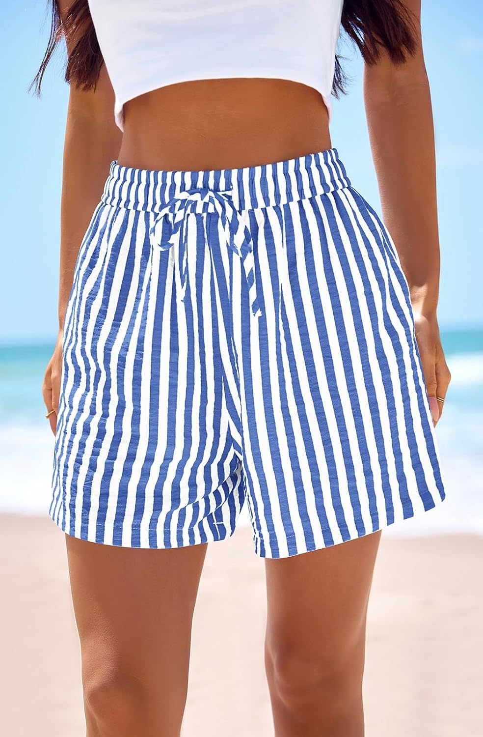 image:imagePRETTYGARDEN Elastic Waist Summer Shorts for Women Trendy 2026 Gingham Cute Pajama Bottoms Plaid Y2K Beach Vacation ClothesStriped Blue