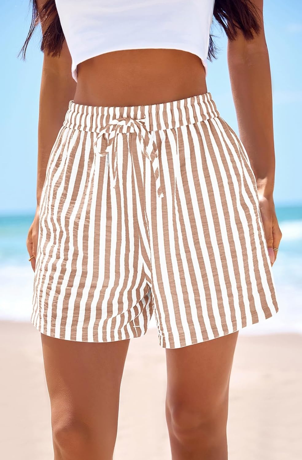 image:imagePRETTYGARDEN Elastic Waist Summer Shorts for Women Trendy 2026 Gingham Cute Pajama Bottoms Plaid Y2K Beach Vacation ClothesStriped Khaki