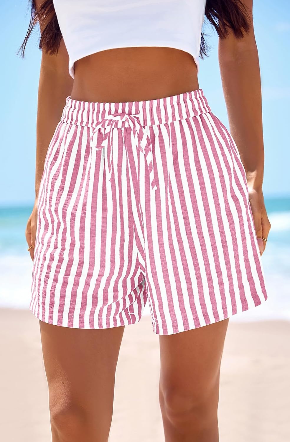 image:imagePRETTYGARDEN Elastic Waist Summer Shorts for Women Trendy 2026 Gingham Cute Pajama Bottoms Plaid Y2K Beach Vacation ClothesStriped Pink