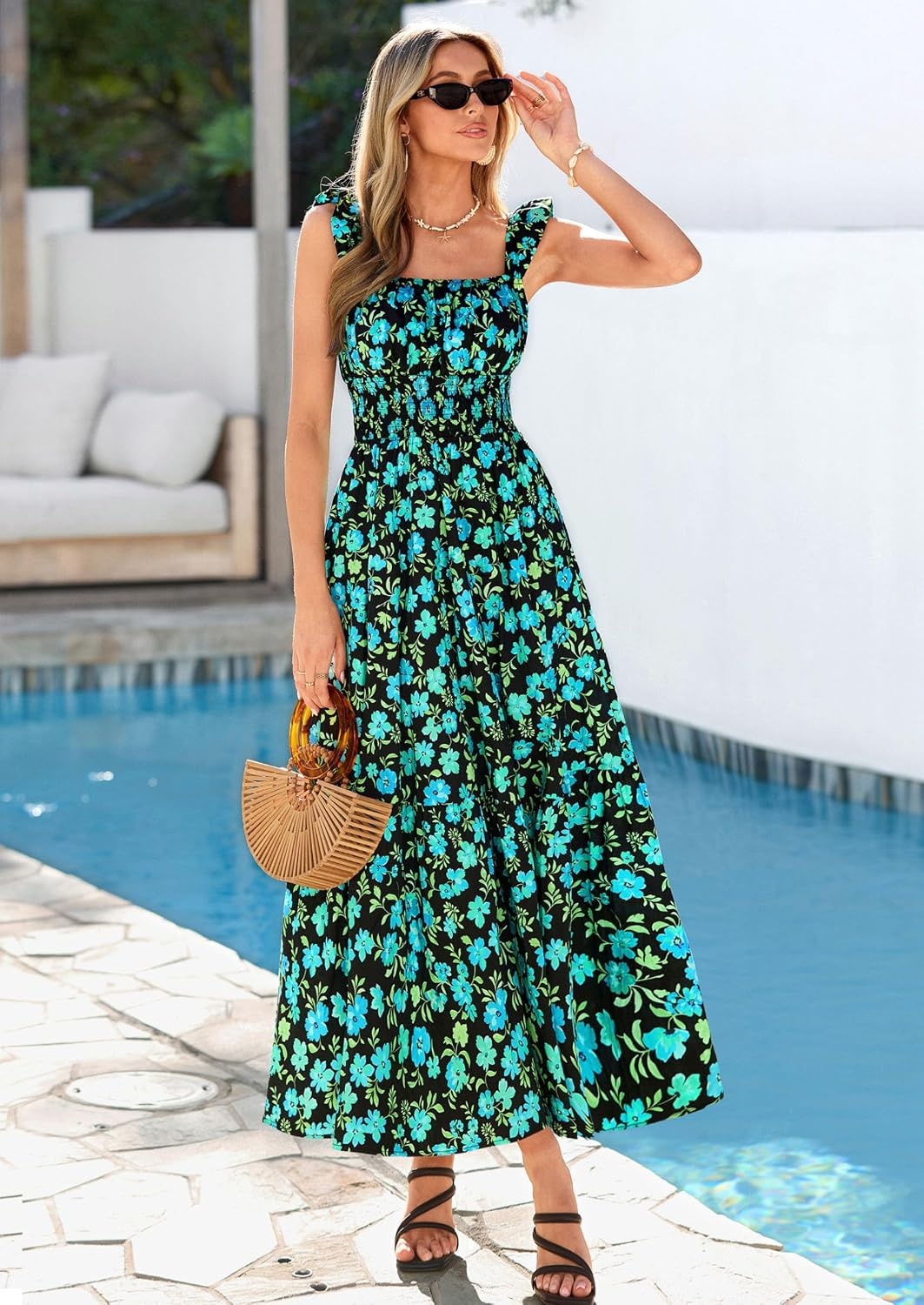 image:imagePRETTYGARDEN Floral Dress for Women Summer Boho Maxi Sundresses 2026 Smocked Long Flowy Spring Beach Wedding Guest DressesBlack Green Floral