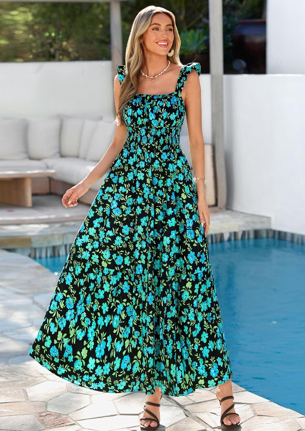 image:imagePRETTYGARDEN Floral Dress for Women Summer Boho Maxi Sundresses 2026 Smocked Long Flowy Spring Beach Wedding Guest DressesBlack Green Floral