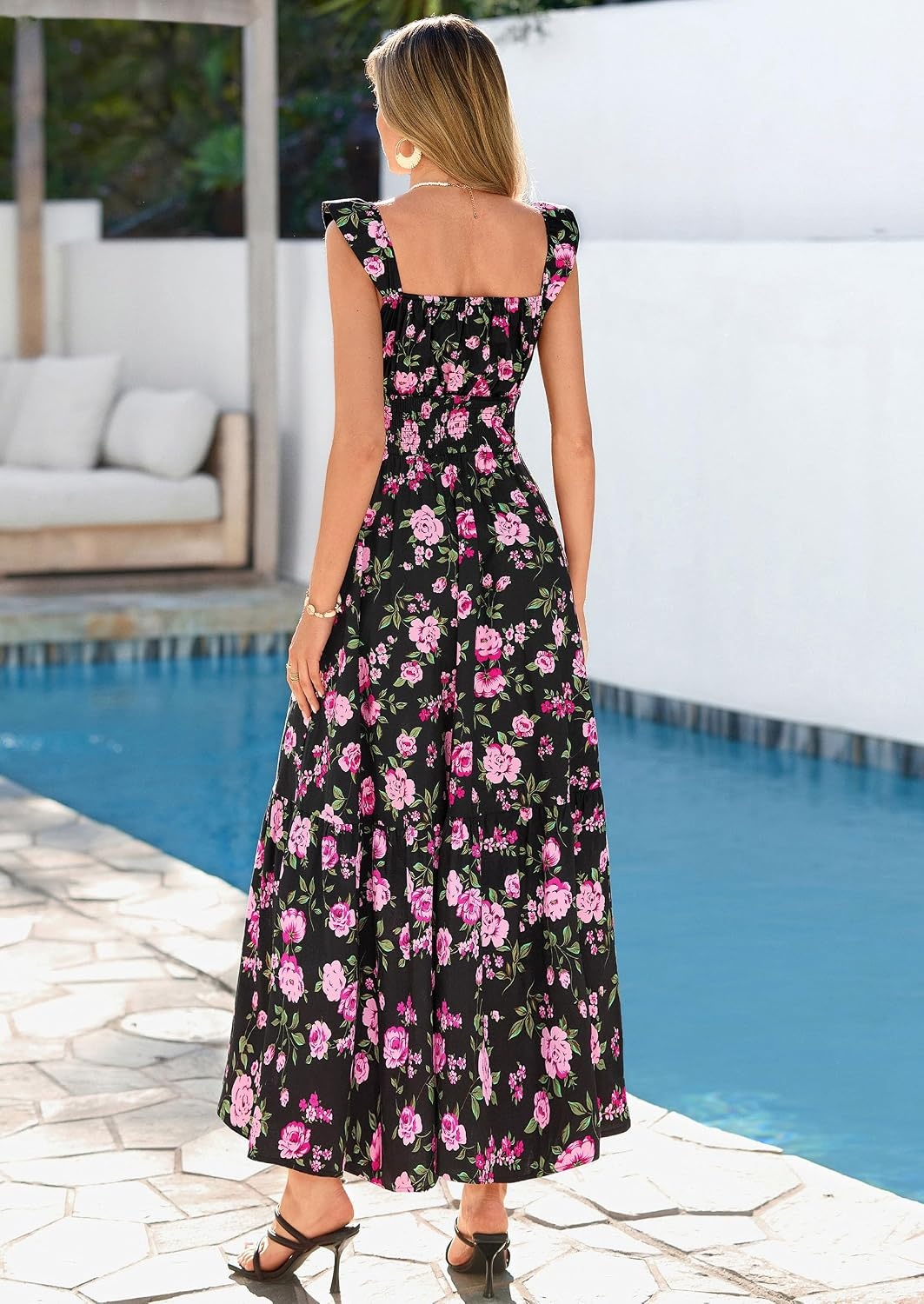 image:imagePRETTYGARDEN Floral Dress for Women Summer Boho Maxi Sundresses 2026 Smocked Long Flowy Spring Beach Wedding Guest DressesBlack Red Floral