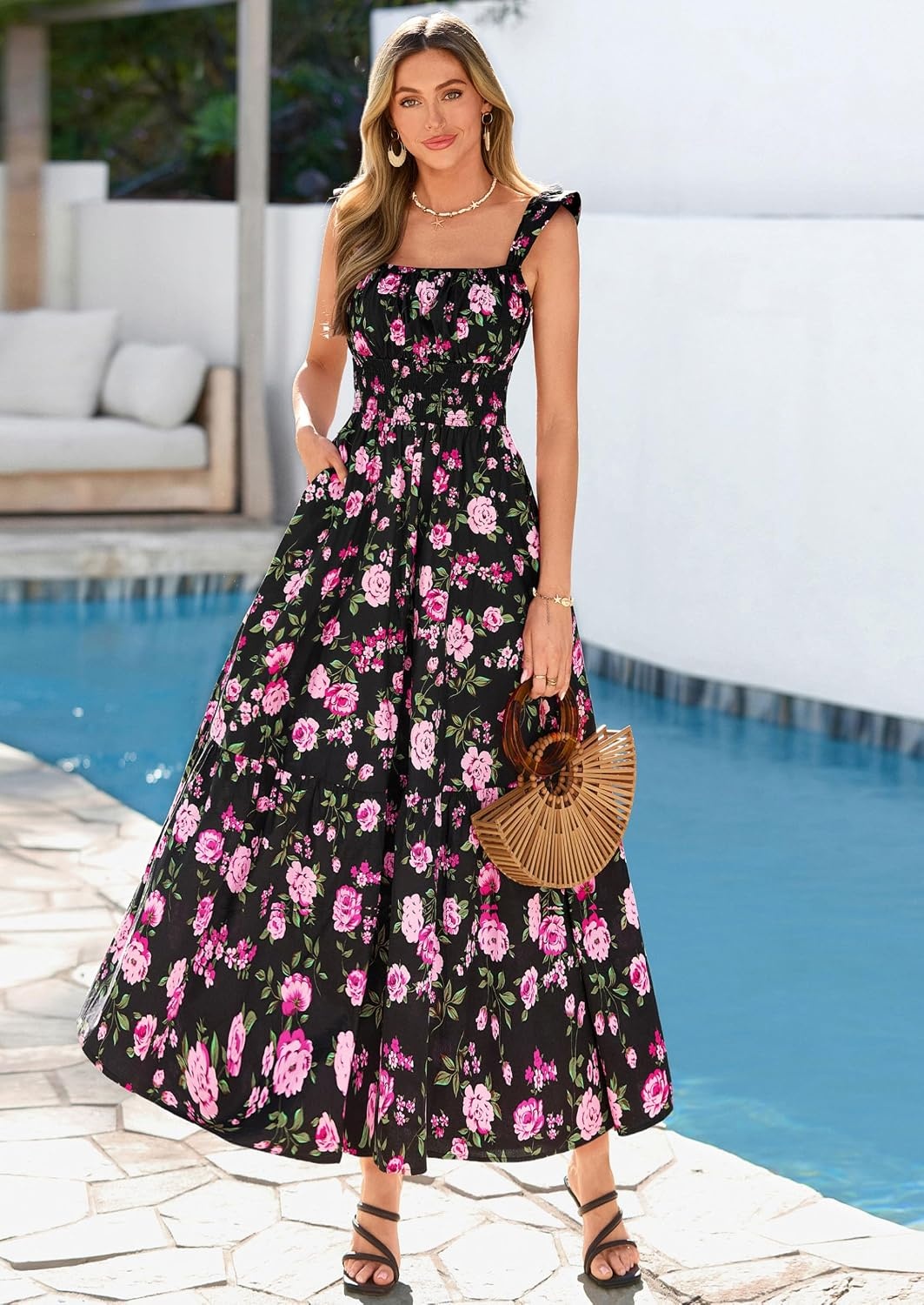 image:imagePRETTYGARDEN Floral Dress for Women Summer Boho Maxi Sundresses 2026 Smocked Long Flowy Spring Beach Wedding Guest DressesBlack Red Floral