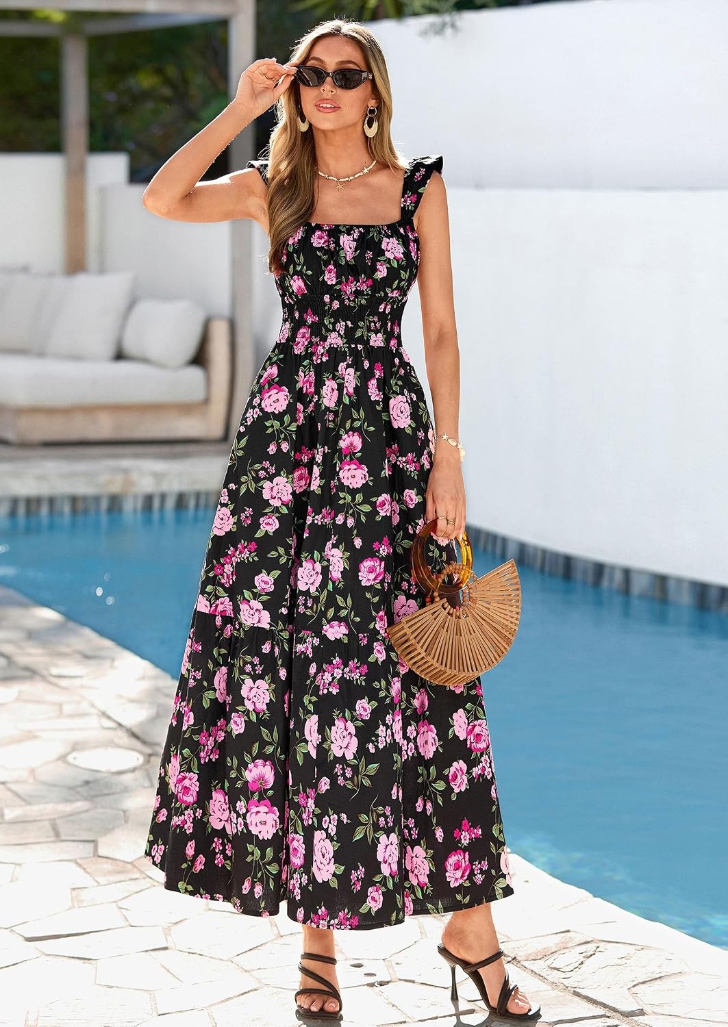 image:imagePRETTYGARDEN Floral Dress for Women Summer Boho Maxi Sundresses 2026 Smocked Long Flowy Spring Beach Wedding Guest DressesBlack Red Floral