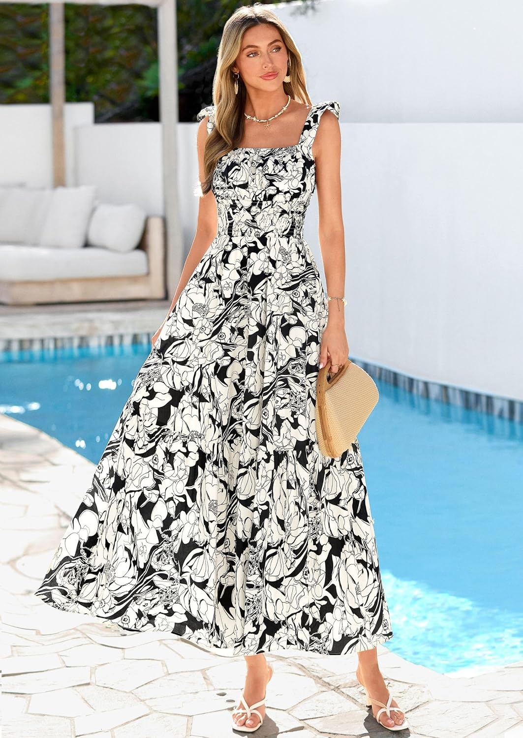 image:imagePRETTYGARDEN Floral Dress for Women Summer Boho Maxi Sundresses 2026 Smocked Long Flowy Spring Beach Wedding Guest DressesBlack White Floral