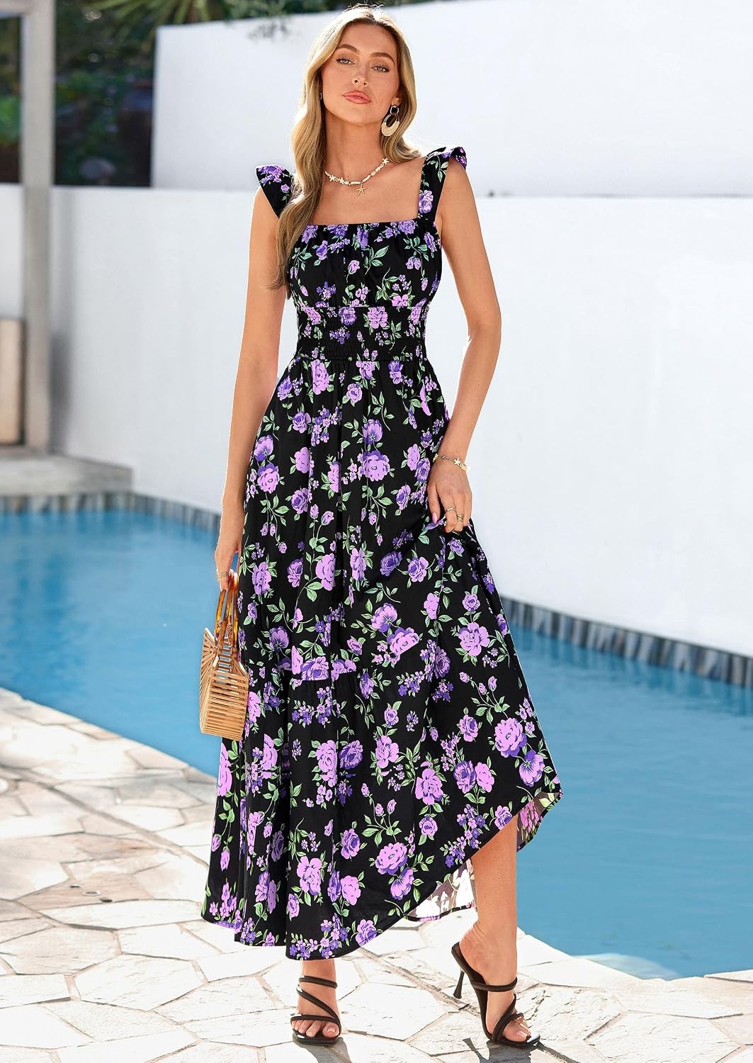 image:imagePRETTYGARDEN Floral Dress for Women Summer Boho Maxi Sundresses 2026 Smocked Long Flowy Spring Beach Wedding Guest DressesDark Blue Purple Floral