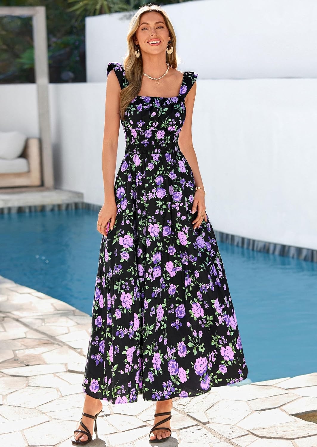image:imagePRETTYGARDEN Floral Dress for Women Summer Boho Maxi Sundresses 2026 Smocked Long Flowy Spring Beach Wedding Guest DressesDark Blue Purple Floral
