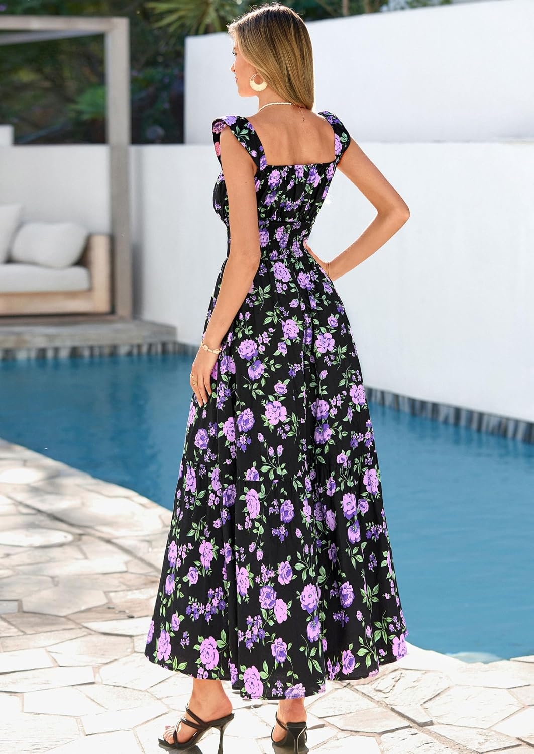 image:imagePRETTYGARDEN Floral Dress for Women Summer Boho Maxi Sundresses 2026 Smocked Long Flowy Spring Beach Wedding Guest DressesDark Blue Purple Floral