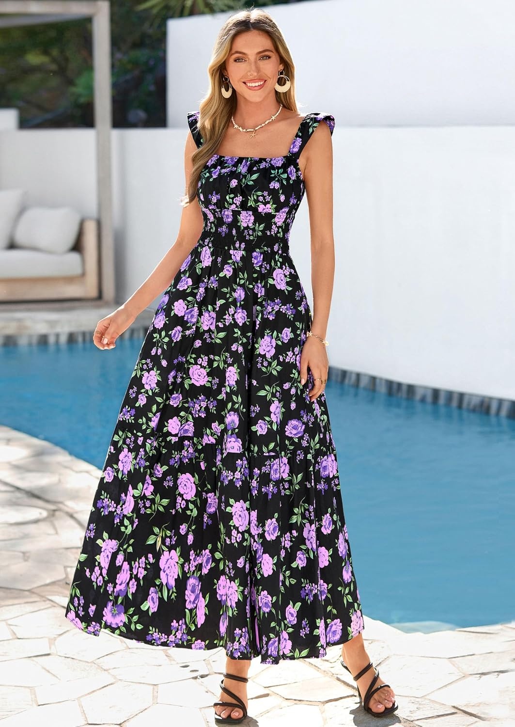 image:imagePRETTYGARDEN Floral Dress for Women Summer Boho Maxi Sundresses 2026 Smocked Long Flowy Spring Beach Wedding Guest DressesDark Blue Purple Floral