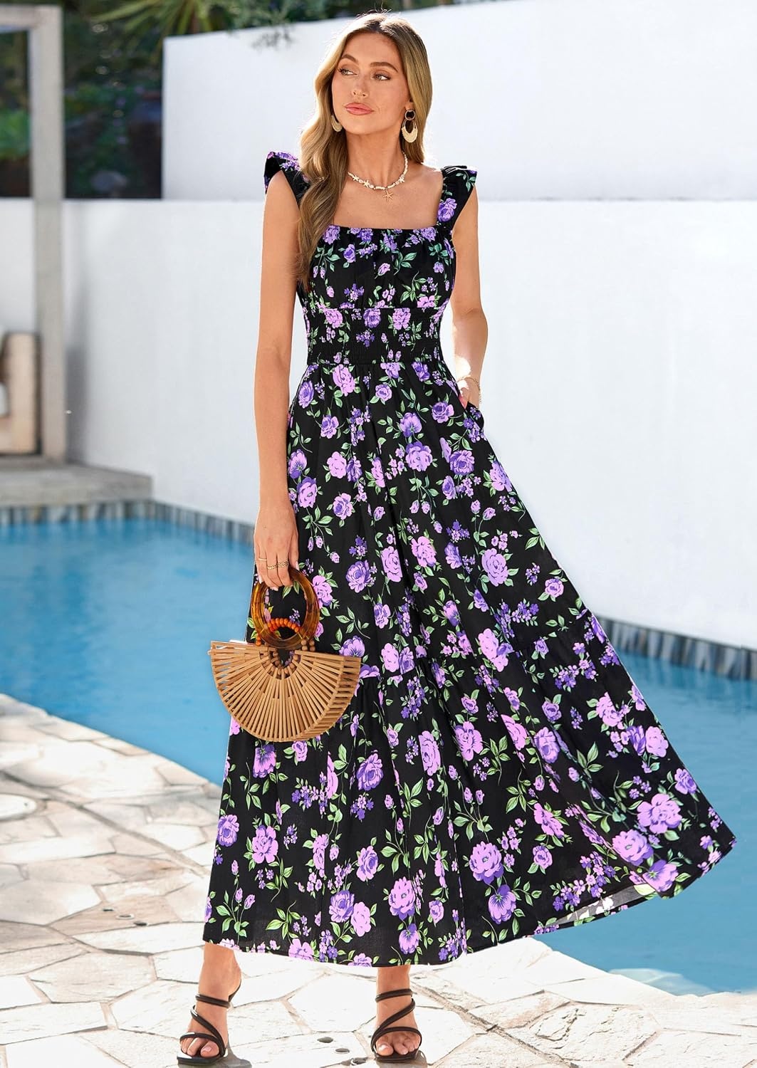 image:imagePRETTYGARDEN Floral Dress for Women Summer Boho Maxi Sundresses 2026 Smocked Long Flowy Spring Beach Wedding Guest DressesDark Blue Purple Floral