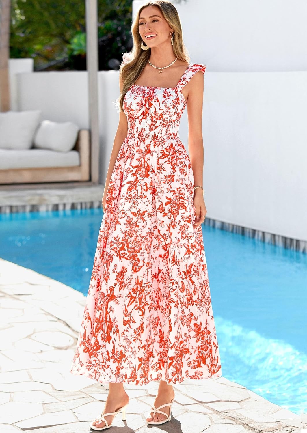 image:imagePRETTYGARDEN Floral Dress for Women Summer Boho Maxi Sundresses 2026 Smocked Long Flowy Spring Beach Wedding Guest DressesWhite Red Floral