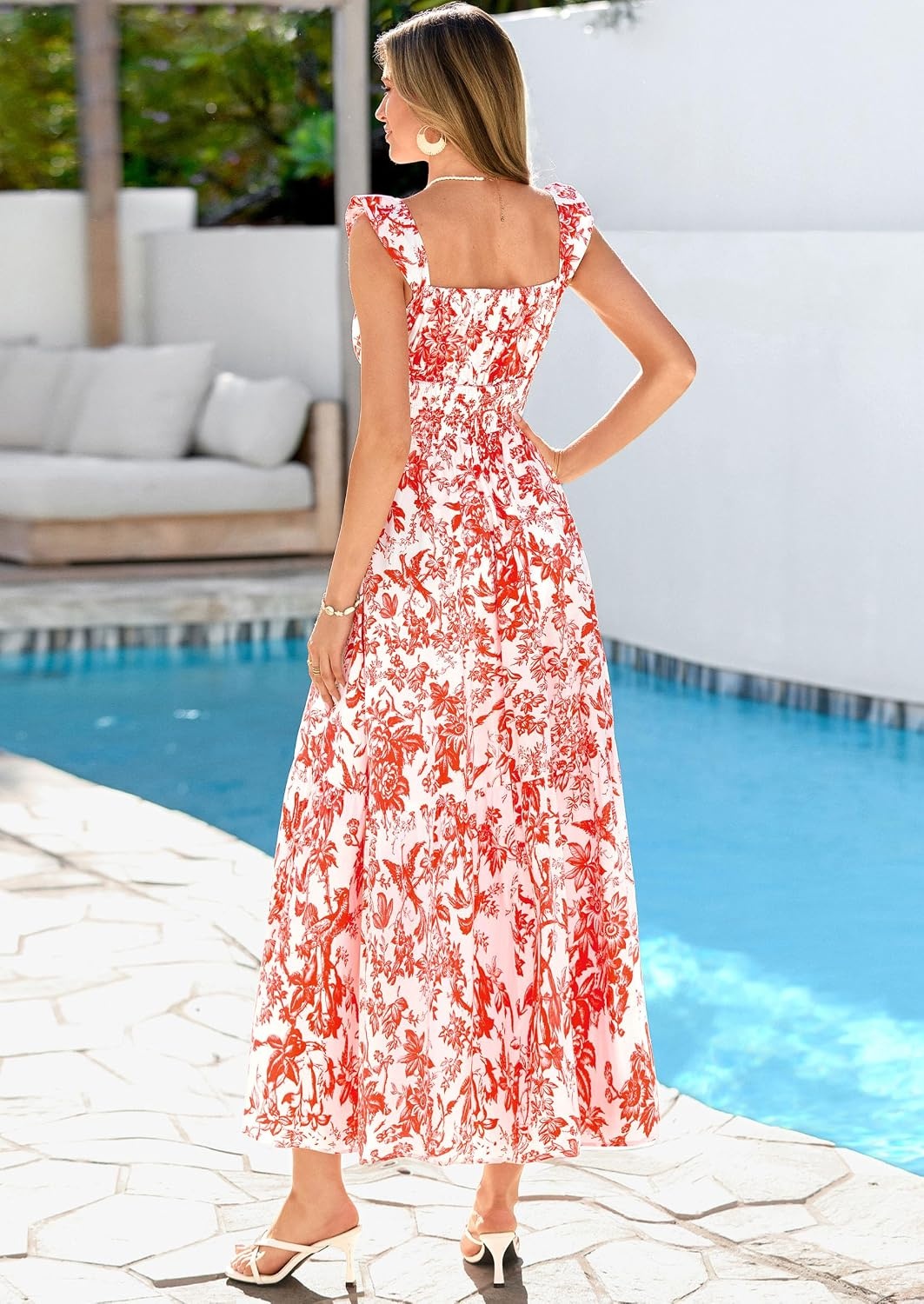 image:imagePRETTYGARDEN Floral Dress for Women Summer Boho Maxi Sundresses 2026 Smocked Long Flowy Spring Beach Wedding Guest DressesWhite Red Floral