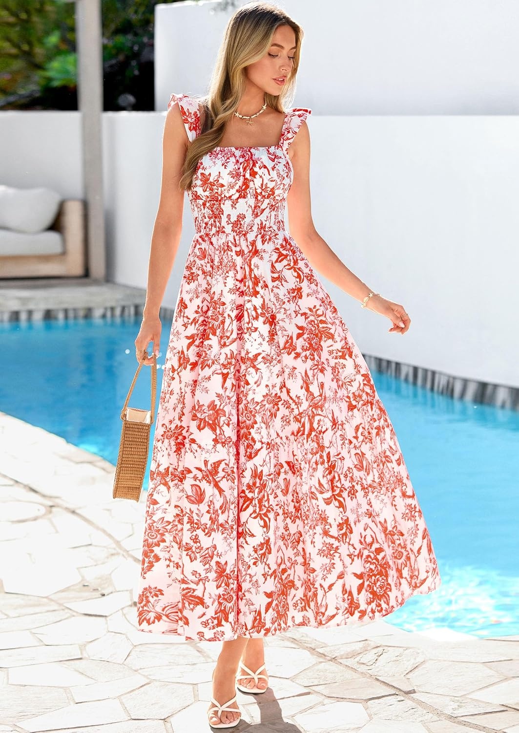 image:imagePRETTYGARDEN Floral Dress for Women Summer Boho Maxi Sundresses 2026 Smocked Long Flowy Spring Beach Wedding Guest DressesWhite Red Floral