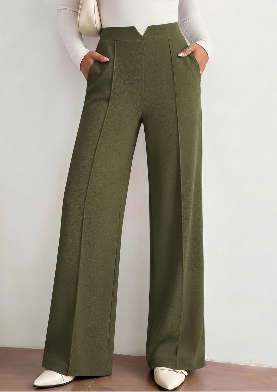 image:imagePRETTYGARDEN Palazzo Pants for Women 2026 Spring Dressy High Waisted Wide Leg Work Pants Fall Casual Flowy Lounge TrousersArmy Green