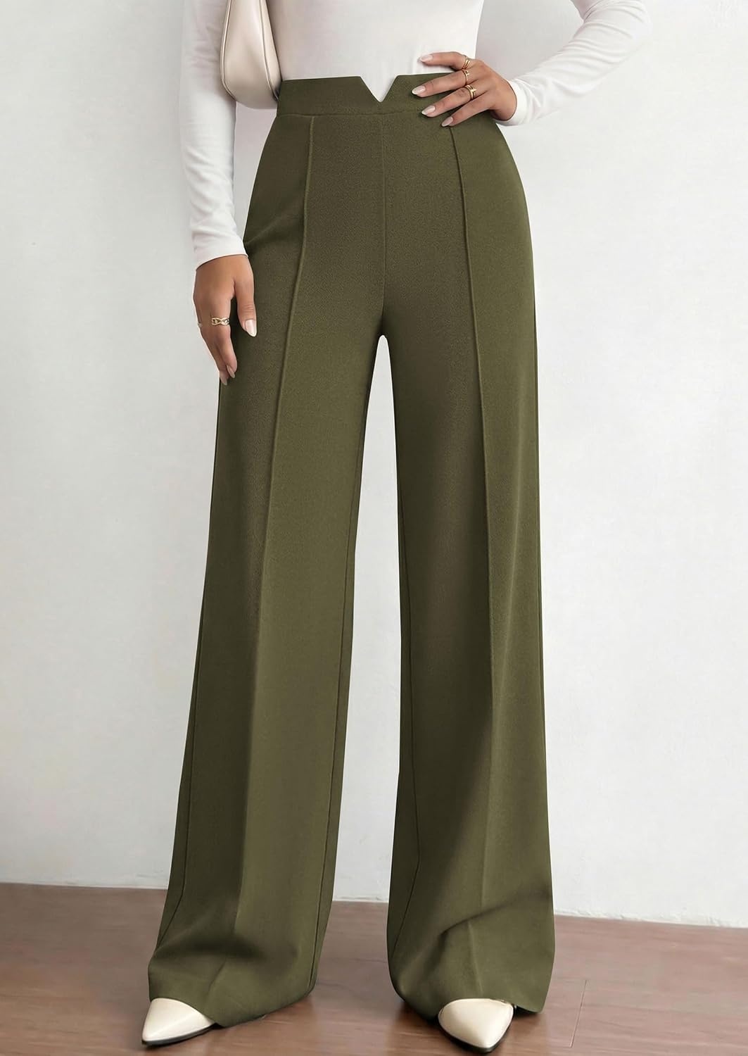 image:imagePRETTYGARDEN Palazzo Pants for Women 2026 Spring Dressy High Waisted Wide Leg Work Pants Fall Casual Flowy Lounge TrousersArmy Green