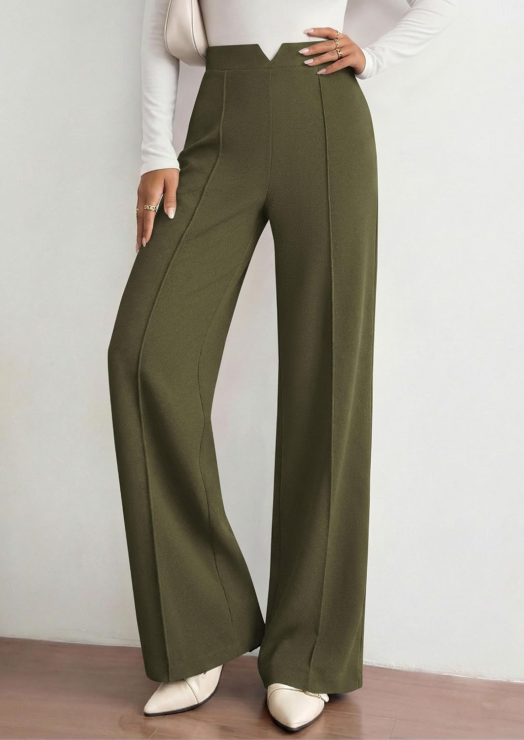 image:imagePRETTYGARDEN Palazzo Pants for Women 2026 Spring Dressy High Waisted Wide Leg Work Pants Fall Casual Flowy Lounge TrousersArmy Green