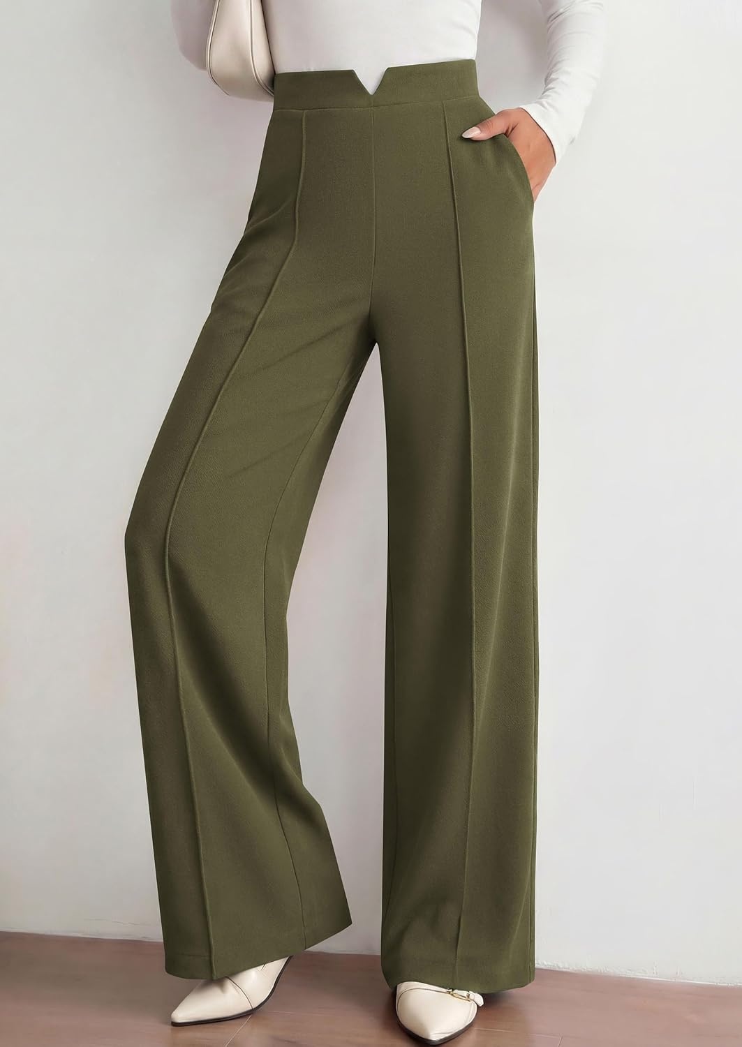 image:imagePRETTYGARDEN Palazzo Pants for Women 2026 Spring Dressy High Waisted Wide Leg Work Pants Fall Casual Flowy Lounge TrousersArmy Green