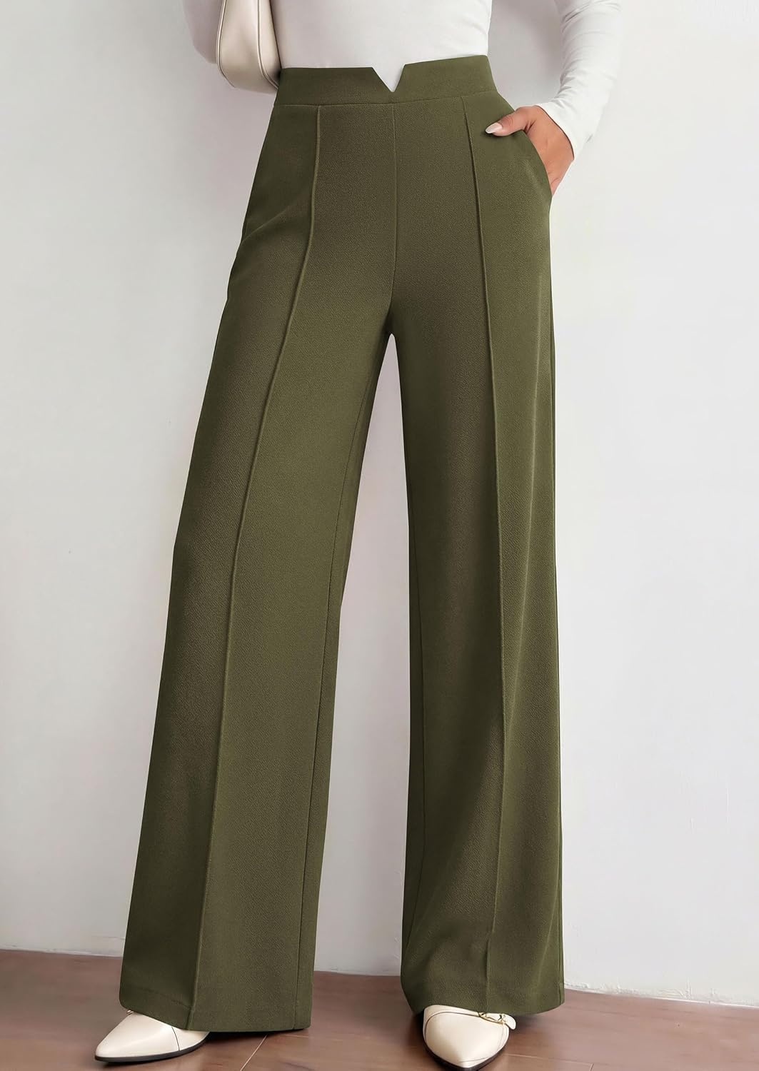 image:imagePRETTYGARDEN Palazzo Pants for Women 2026 Spring Dressy High Waisted Wide Leg Work Pants Fall Casual Flowy Lounge TrousersArmy Green
