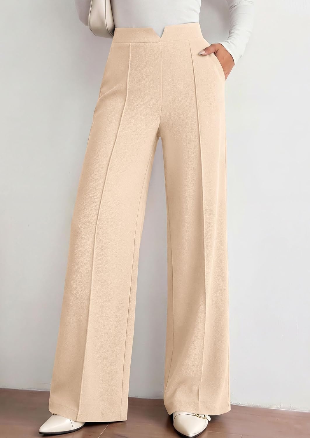 image:imagePRETTYGARDEN Palazzo Pants for Women 2026 Spring Dressy High Waisted Wide Leg Work Pants Fall Casual Flowy Lounge TrousersBeige