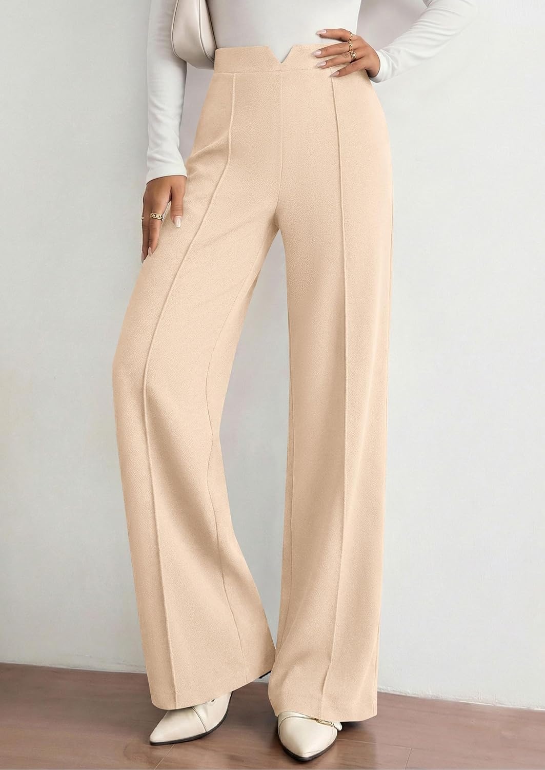 image:imagePRETTYGARDEN Palazzo Pants for Women 2026 Spring Dressy High Waisted Wide Leg Work Pants Fall Casual Flowy Lounge TrousersBeige