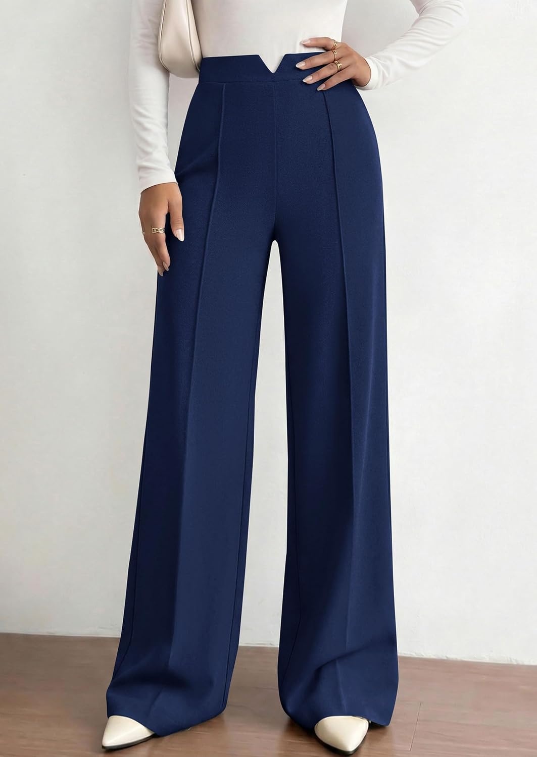 image:imagePRETTYGARDEN Palazzo Pants for Women 2026 Spring Dressy High Waisted Wide Leg Work Pants Fall Casual Flowy Lounge TrousersNavy Blue