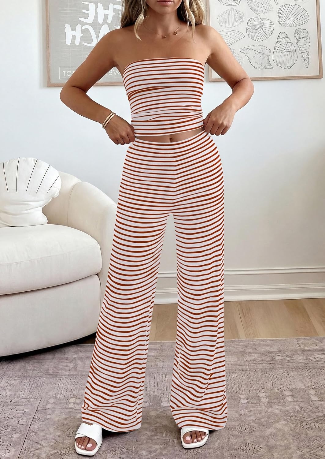 image:imagePRETTYGARDEN Two Piece Striped Sets for Women Summer Travel Outfits 2026 Spring Y2K Going Out Vacation Clothes LoungewearBrick Red