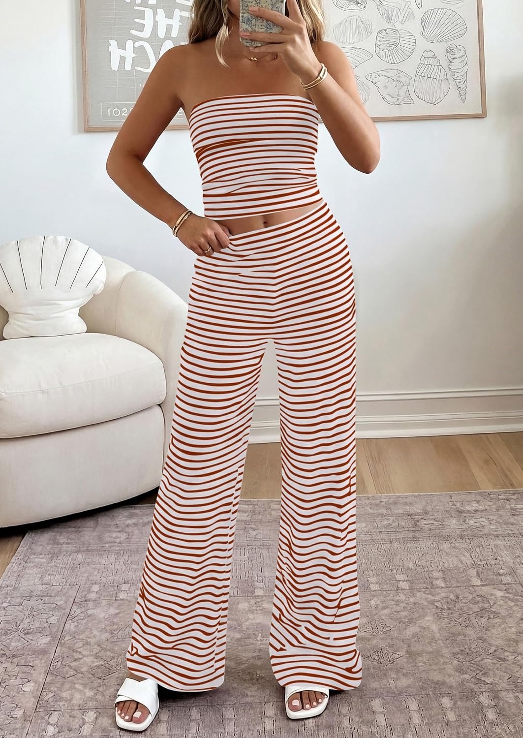 image:imagePRETTYGARDEN Two Piece Striped Sets for Women Summer Travel Outfits 2026 Spring Y2K Going Out Vacation Clothes LoungewearBrick Red