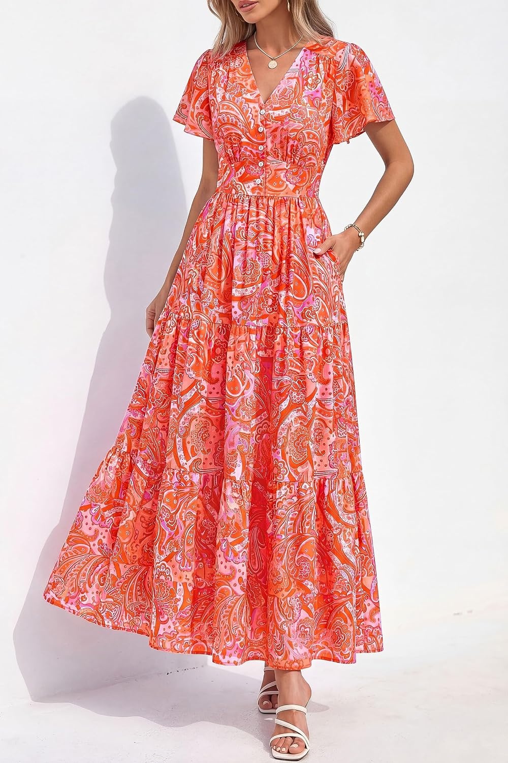 image:imagePRETTYGARDEN Women Summer Maxi Dresses 2026 Short Sleeve V Neck Button Floral Tiered Flowy Boho Sundress Beach OutfitsFloral Orange Red